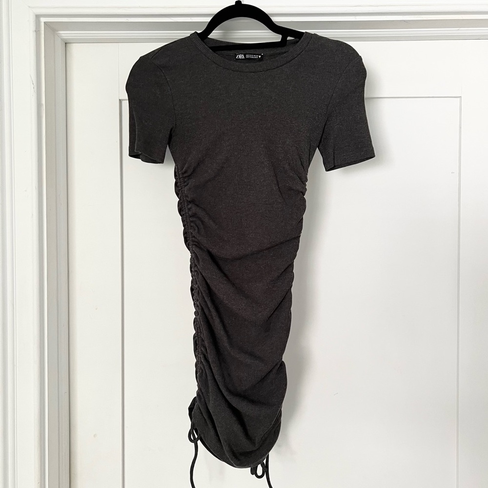 ZARA Gray Ribbed Ruched Mini Dress